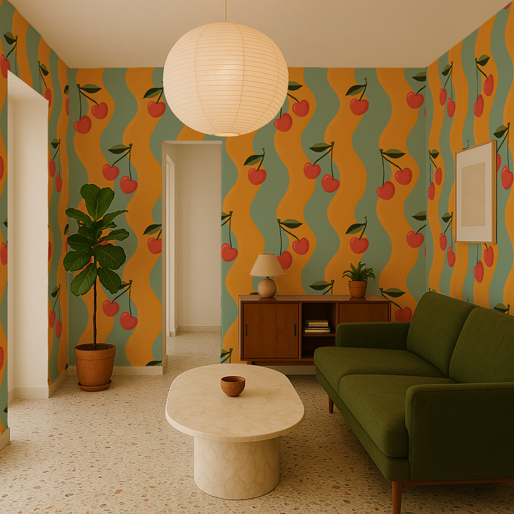 Wavy Cherry Wallpaper, yellow and teal