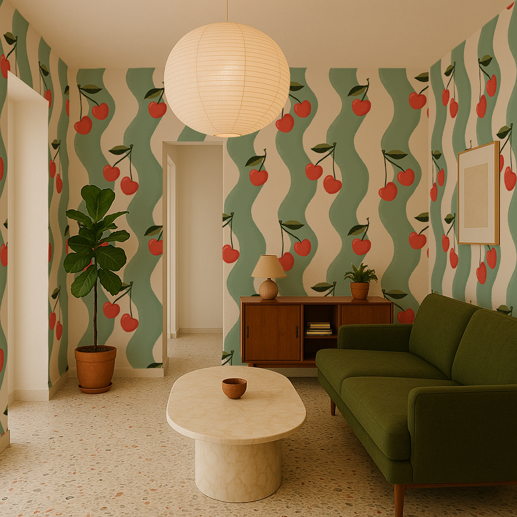 Wavy Cherry Wallpaper, white and teal