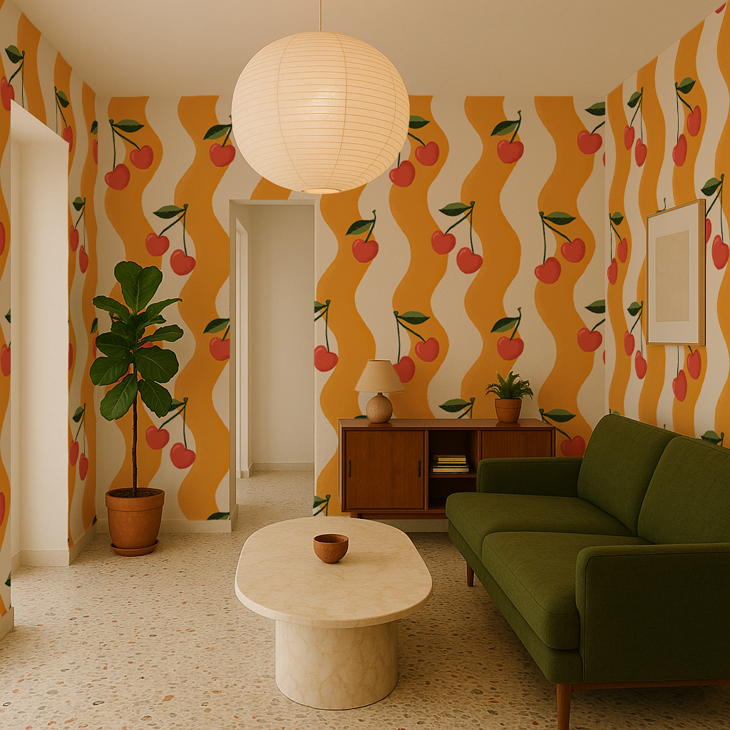 Wavy Cherry Wallpaper, white and yellow