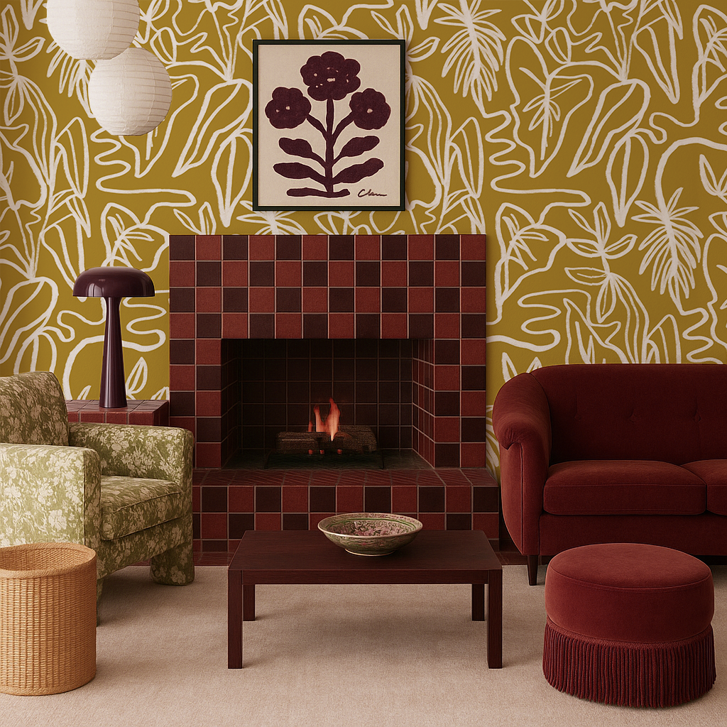Inked Foliage Wallpaper, mustard and white