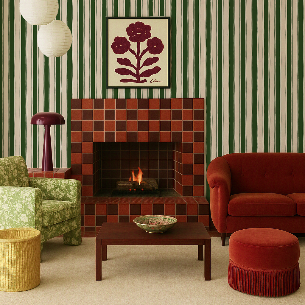 Riviera Stripe Wallpaper, off-white and dark green
