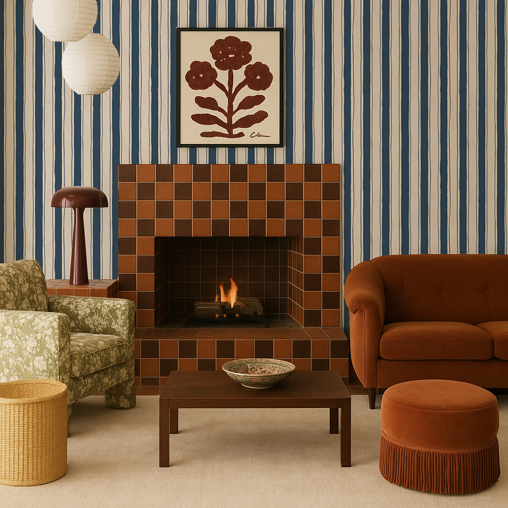 Riviera Stripe Wallpaper, off-white and navy