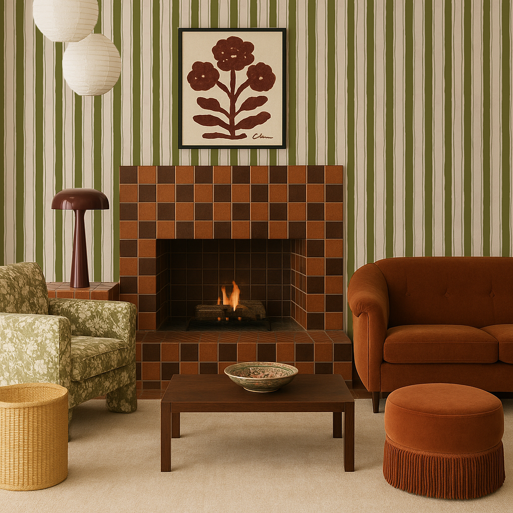 Riviera Stripe Wallpaper, off-white and olive green