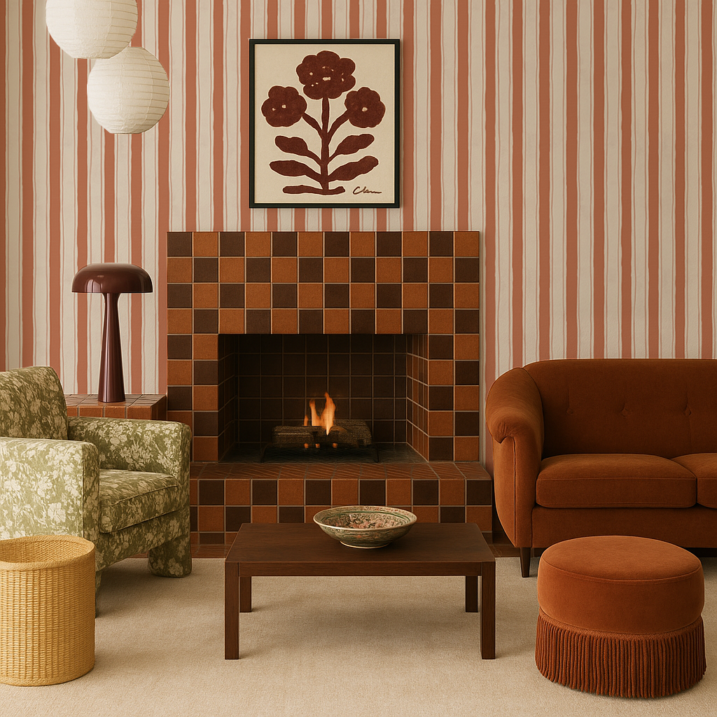 Riviera Stripe Wallpaper, off-white and terra cotta