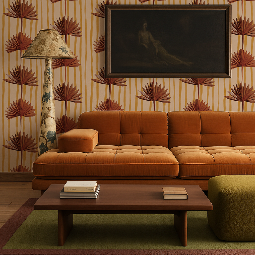 Stripey Palm Wallpaper, nude mustard and rust