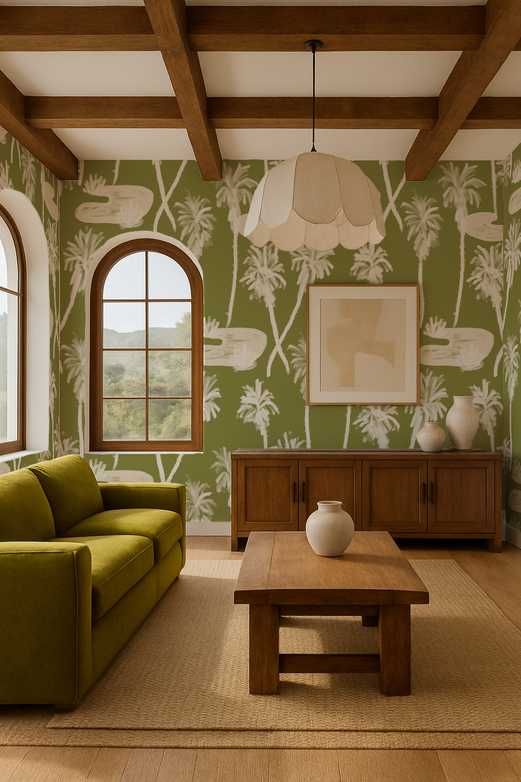 Palm Oasis Wallpaper, olive green and white