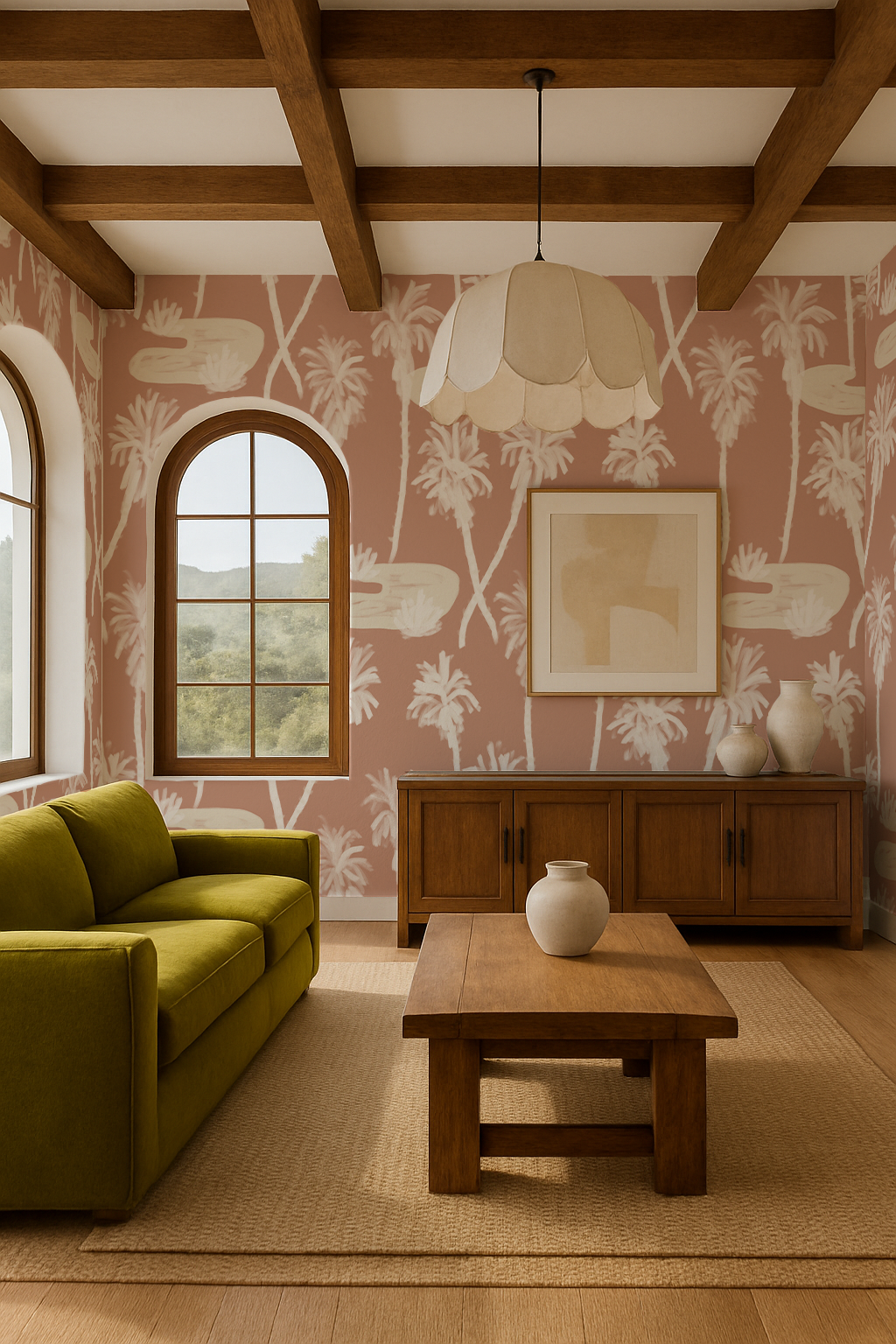 Palm Oasis Wallpaper, terra cotta and white