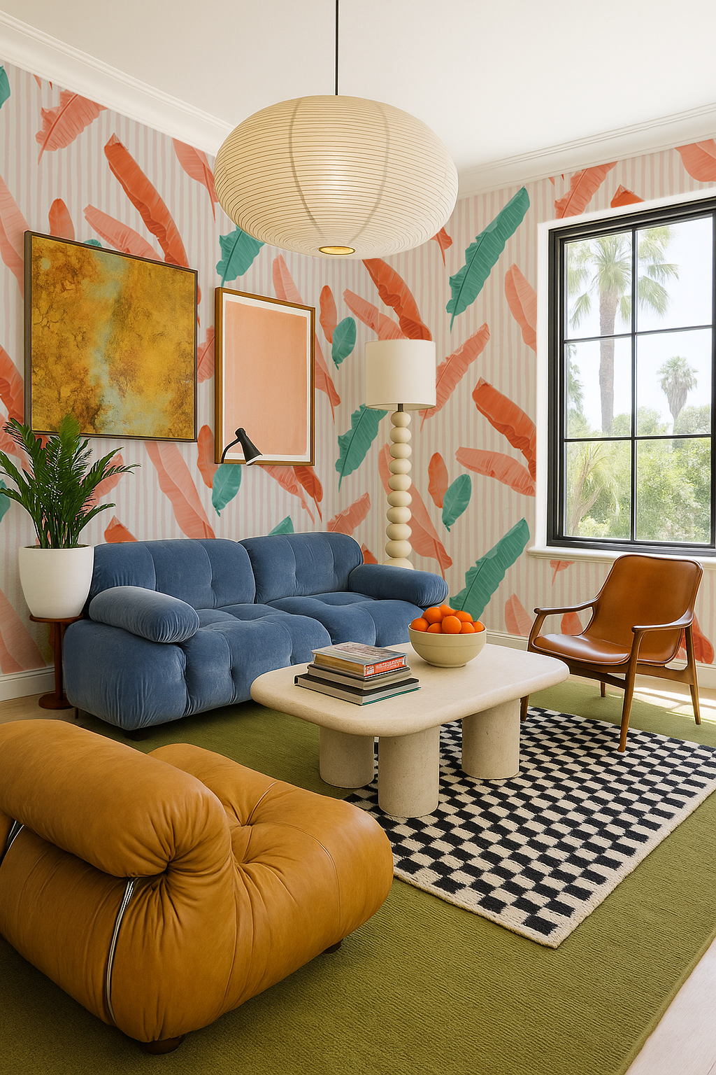 Banana Cabana Wallpaper, coral and teal