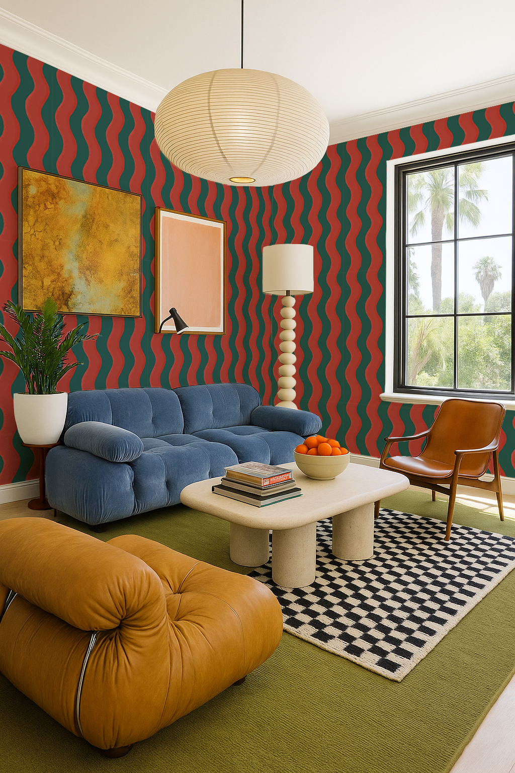 Ziggy Stripe Wallpaper, dark teal and brick red