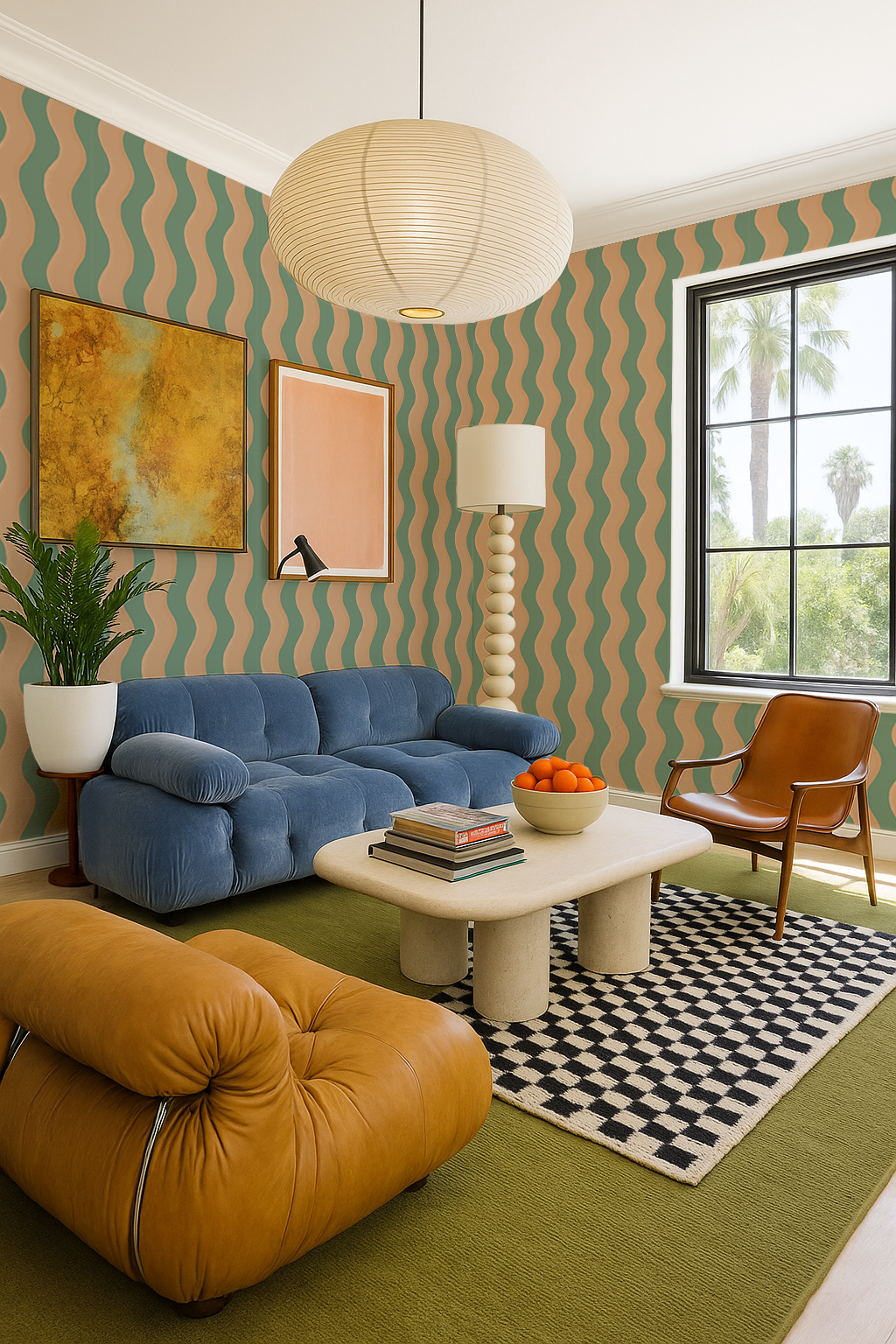 Ziggy Stripe Wallpaper, teal and apricot