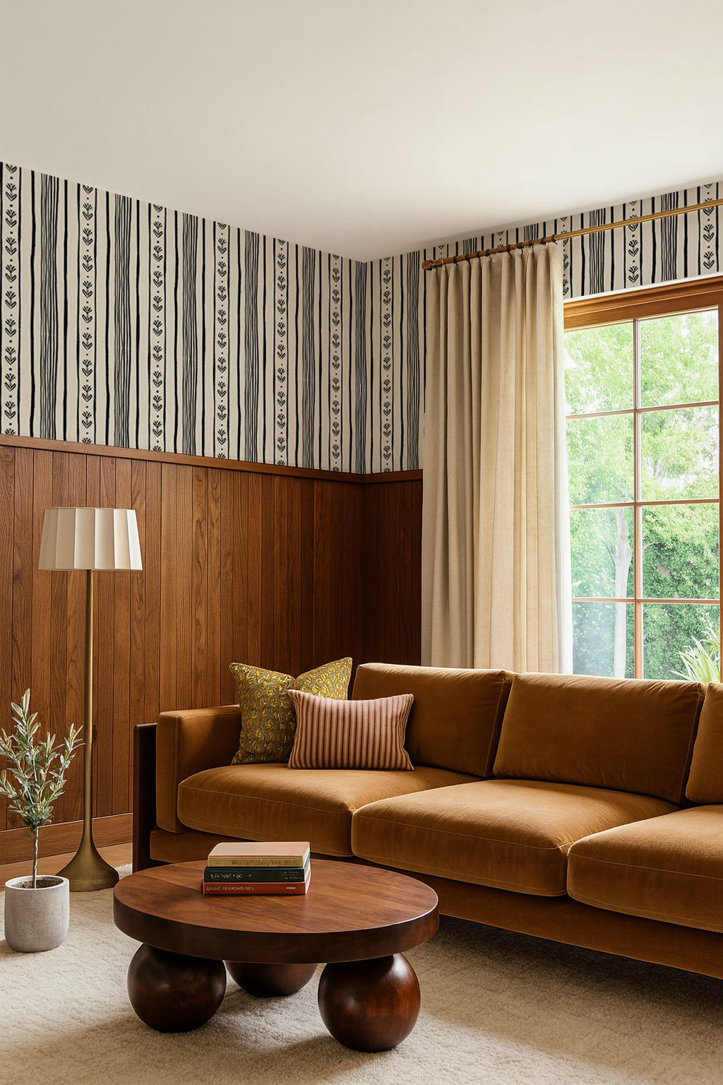 Daisy Chain Stripe Wallpaper, beige and black