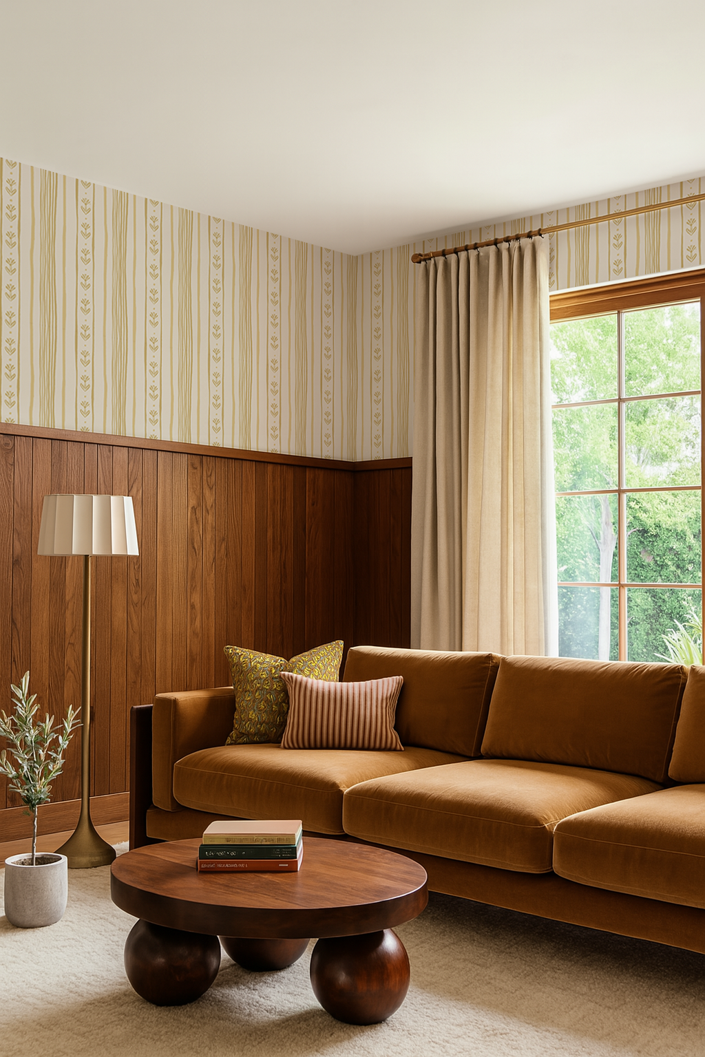 Daisy Chain Stripe Wallpaper, beige and butter yellow