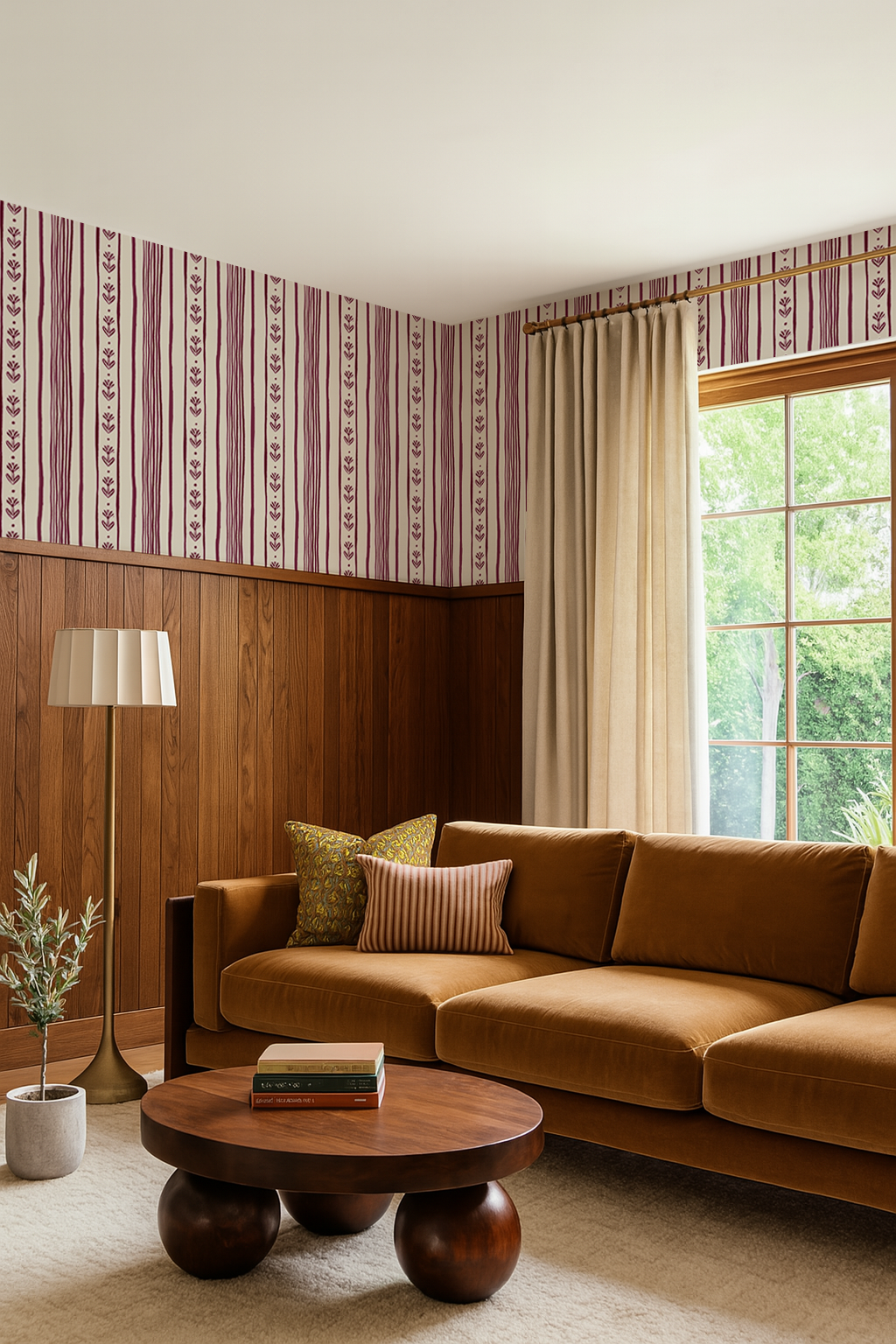 Daisy Chain Stripe Wallpaper, beige and eggplant purple