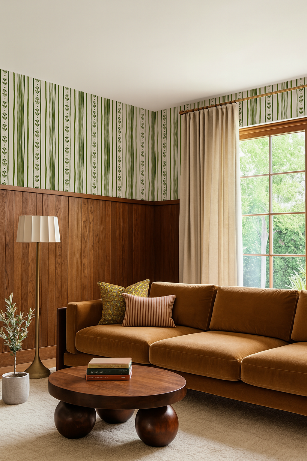 Daisy Chain Stripe Wallpaper, beige and green