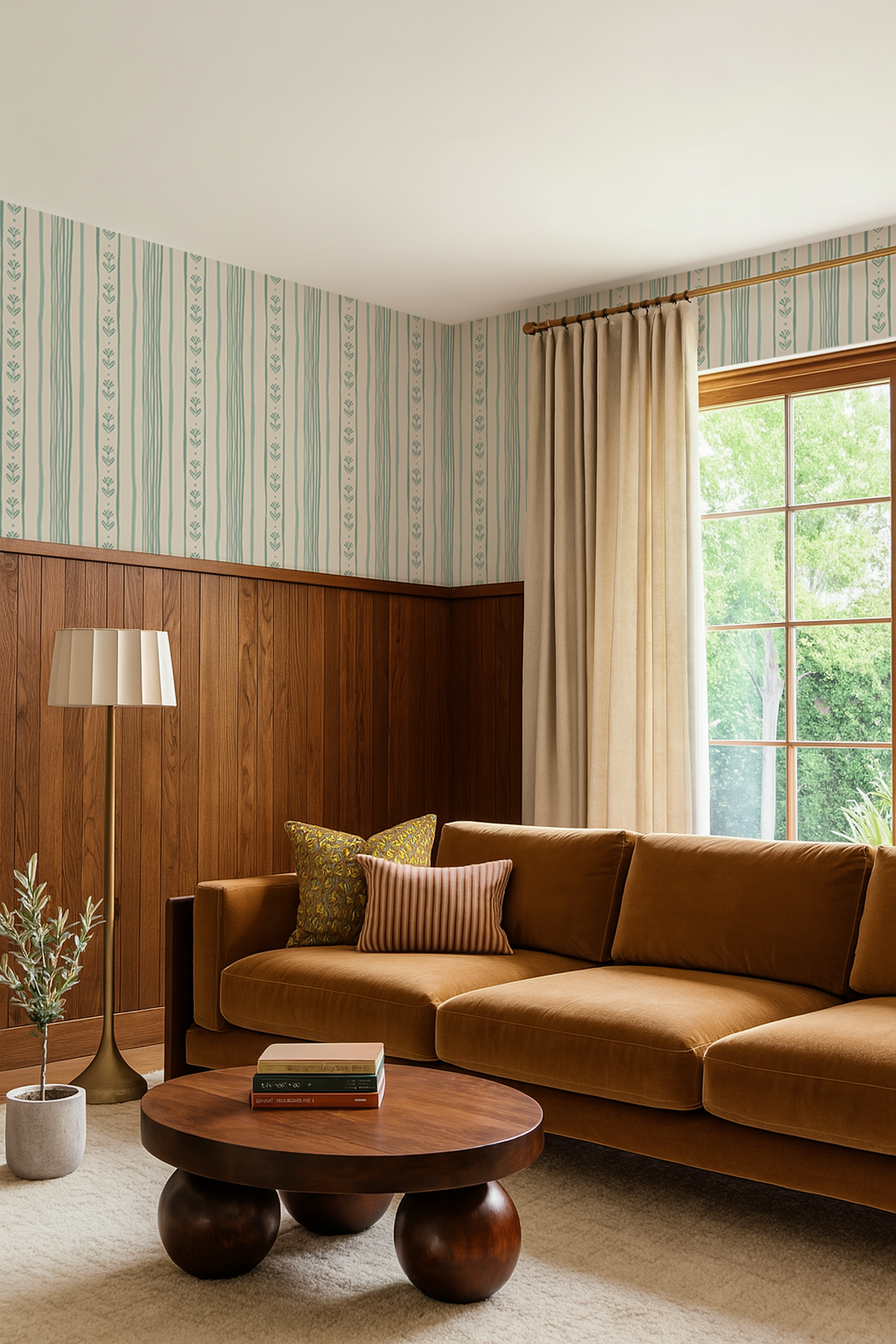 Daisy Chain Stripe Wallpaper, beige and mint