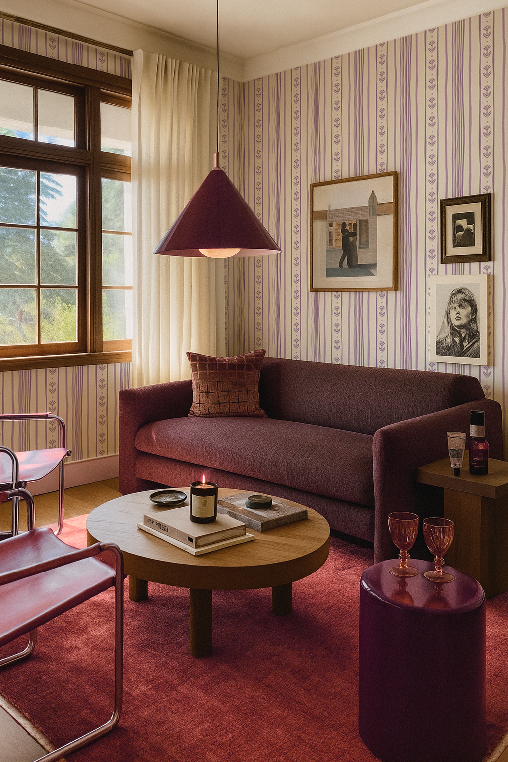 Daisy Chain Stripe Wallpaper, beige and lavender