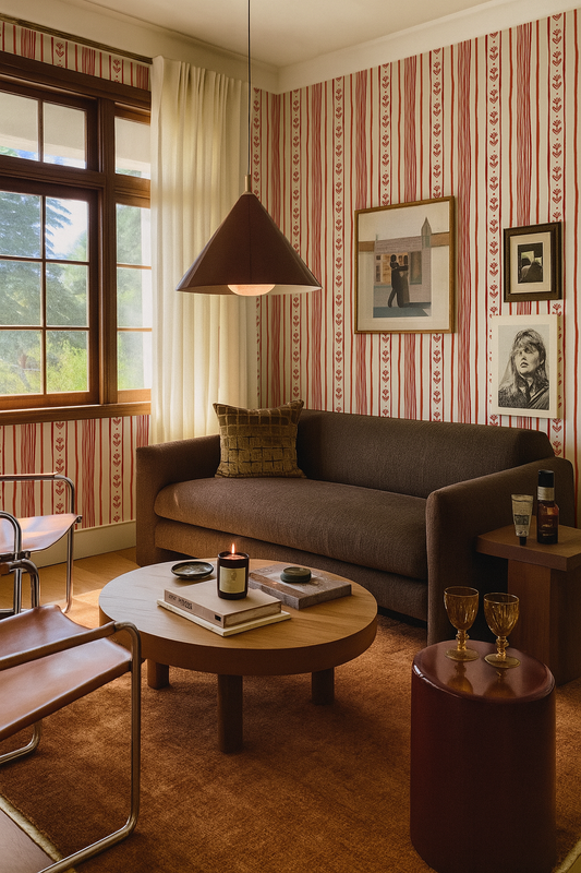 Daisy Chain Stripe Wallpaper, beige and brick red