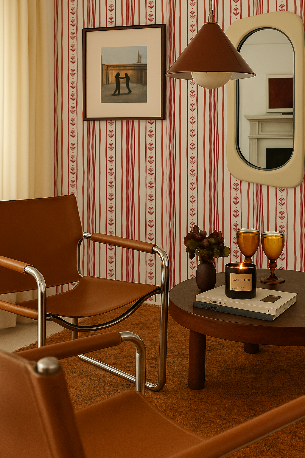 Daisy Chain Stripe Wallpaper, beige and brick red
