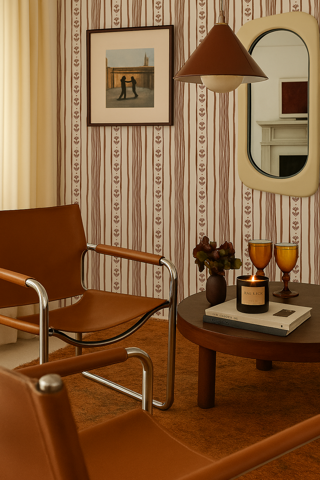 Daisy Chain Stripe Wallpaper, beige and brown