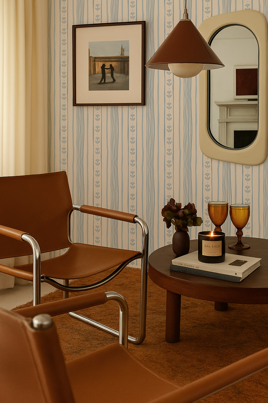 Daisy Chain Stripe Wallpaper, beige and light blue