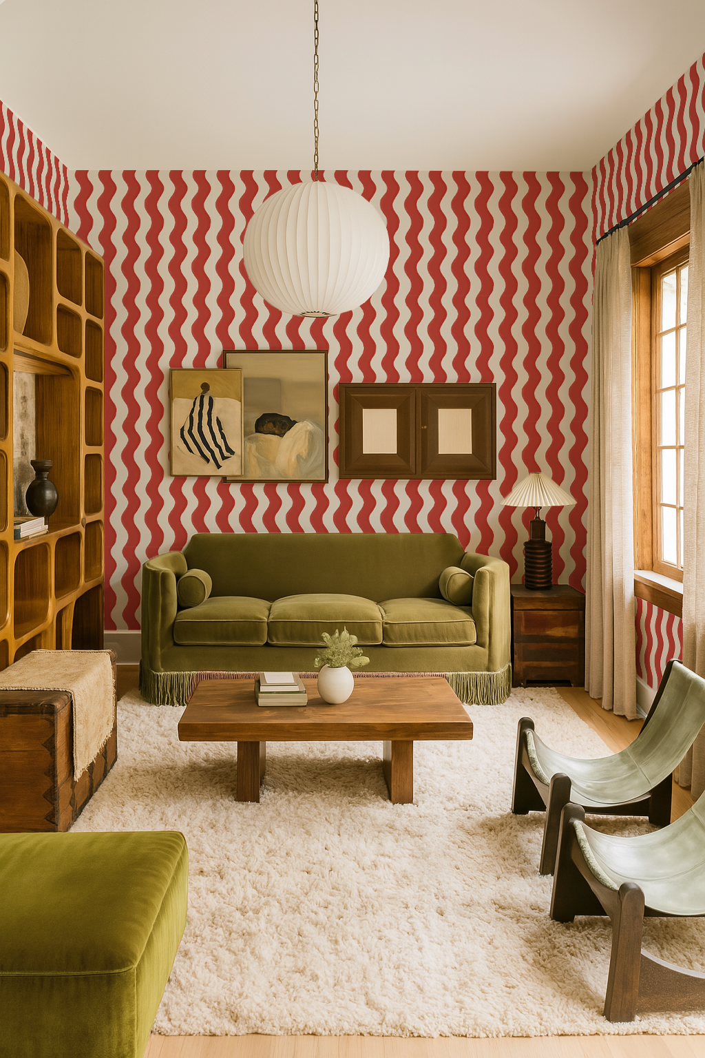 Ziggy Stripe Wallpaper, white and brick red