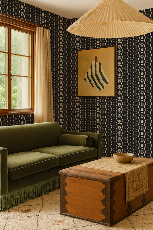 Posy Lane Stripe Wallpaper, black and neutral