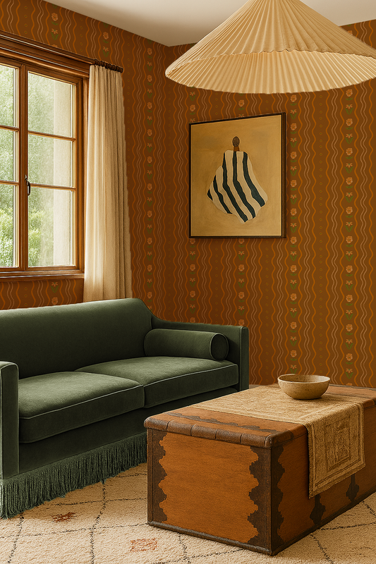 Posy Lane Stripe Wallpaper, golden brown and orange