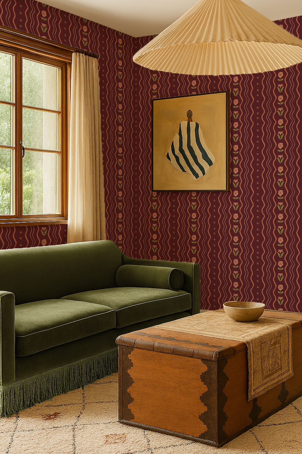 Posy Lane Stripe Wallpaper, fig jam and coral