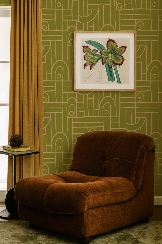 Deco Tile Wallpaper, chartreuse and peach
