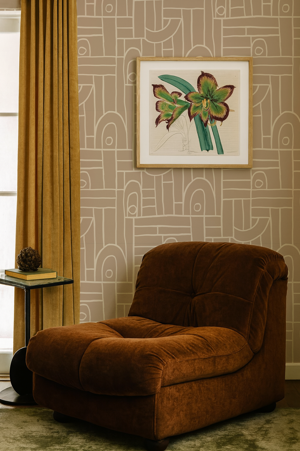 Deco Tile Wallpaper, tan and white