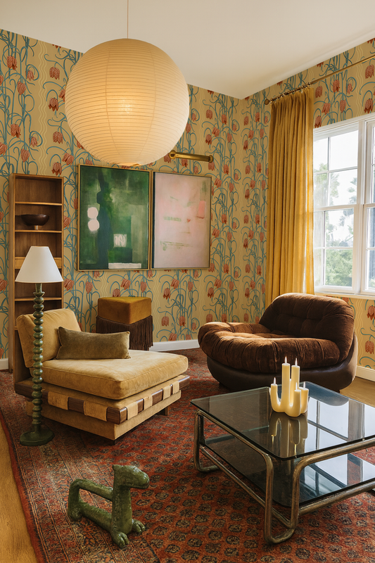 Campanas Wallpaper, butter yellow & slate blue