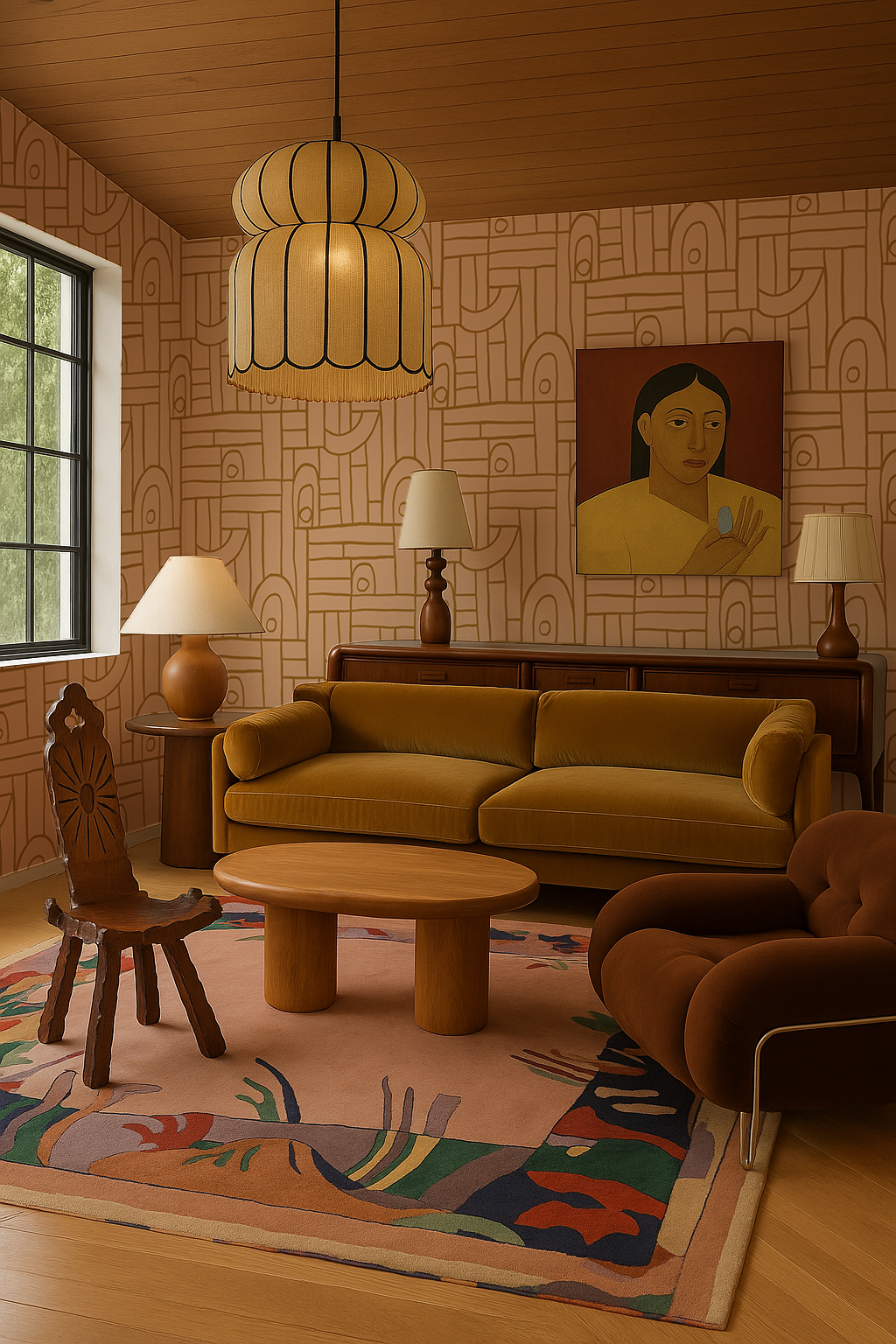 Deco Tile Wallpaper, peach and mustard