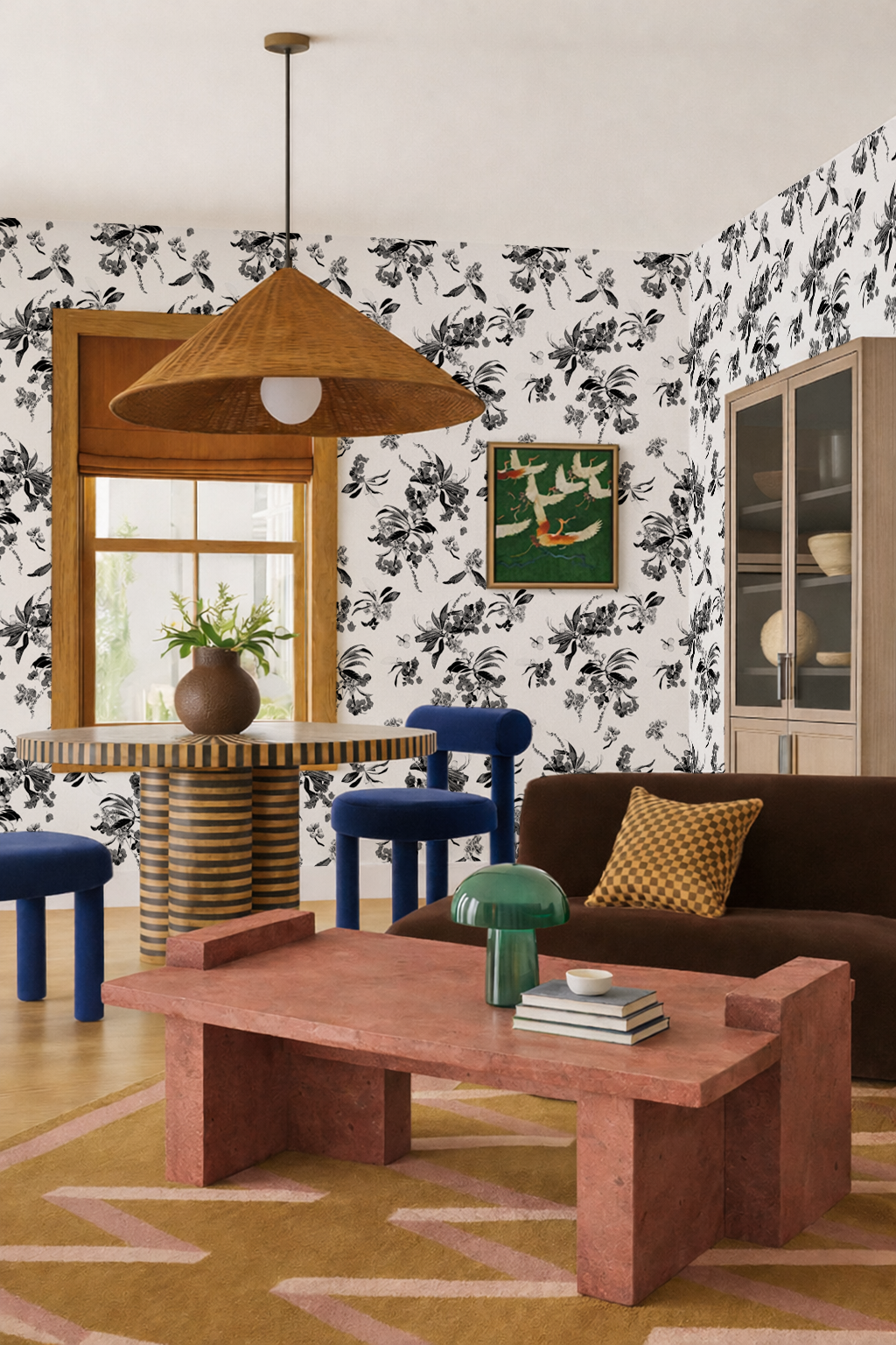 Floral Loquat Wallpaper, white and black