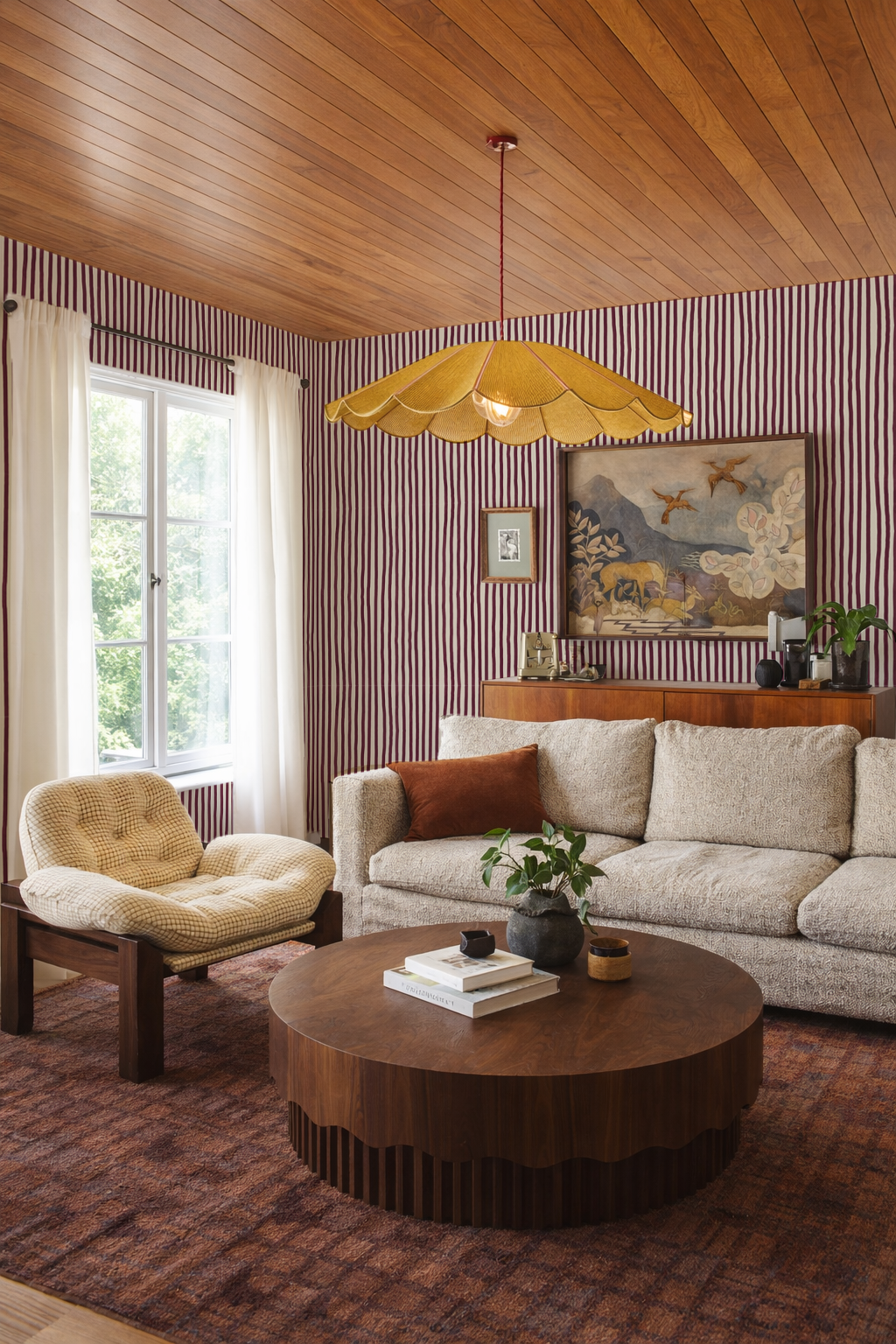 Dolce Stripe Wallpaper, off-white and eggplant