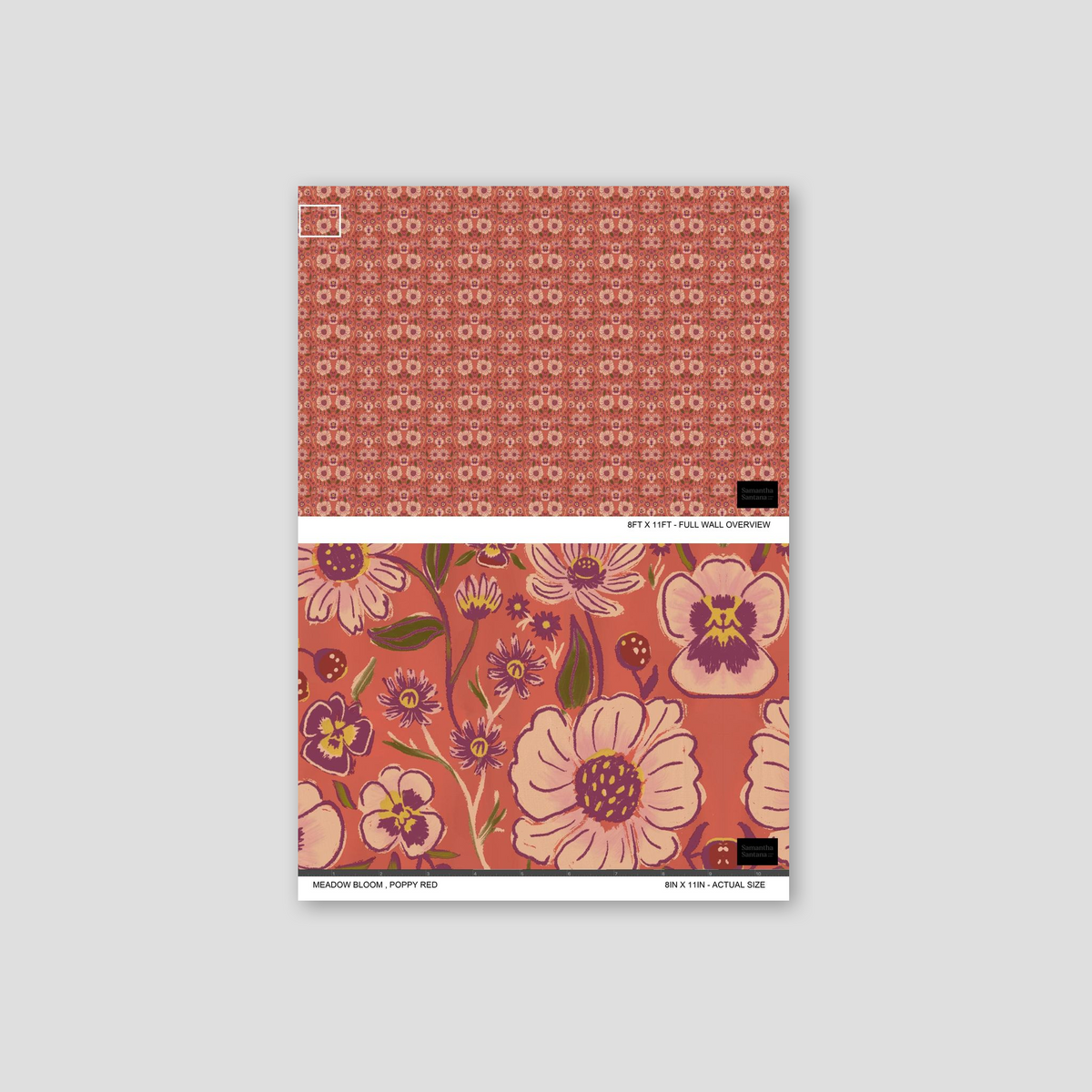 Meadow Bloom poppy red floral wallpaper with large blooms and delicate foliage on coral background.