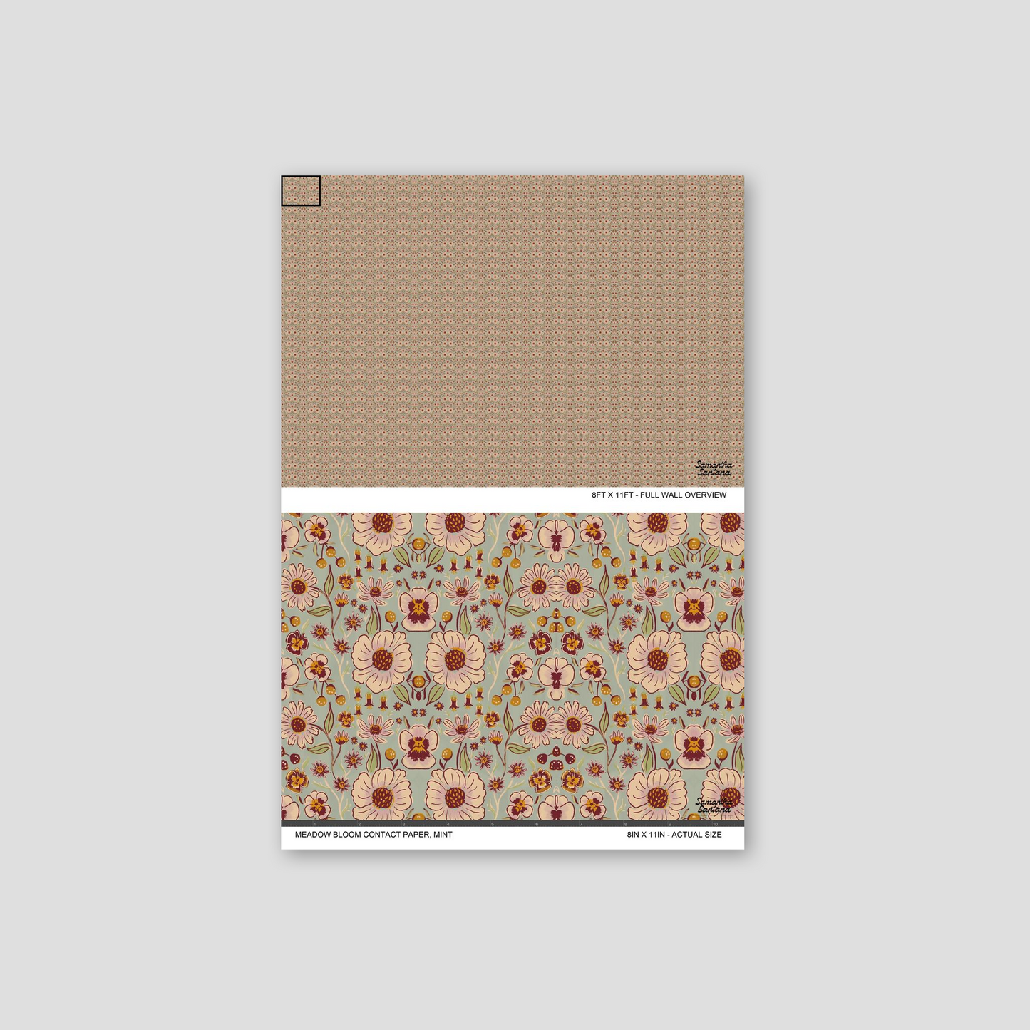 Mint floral contact paper, shelf liner with vintage botanical pattern and pastel colors.