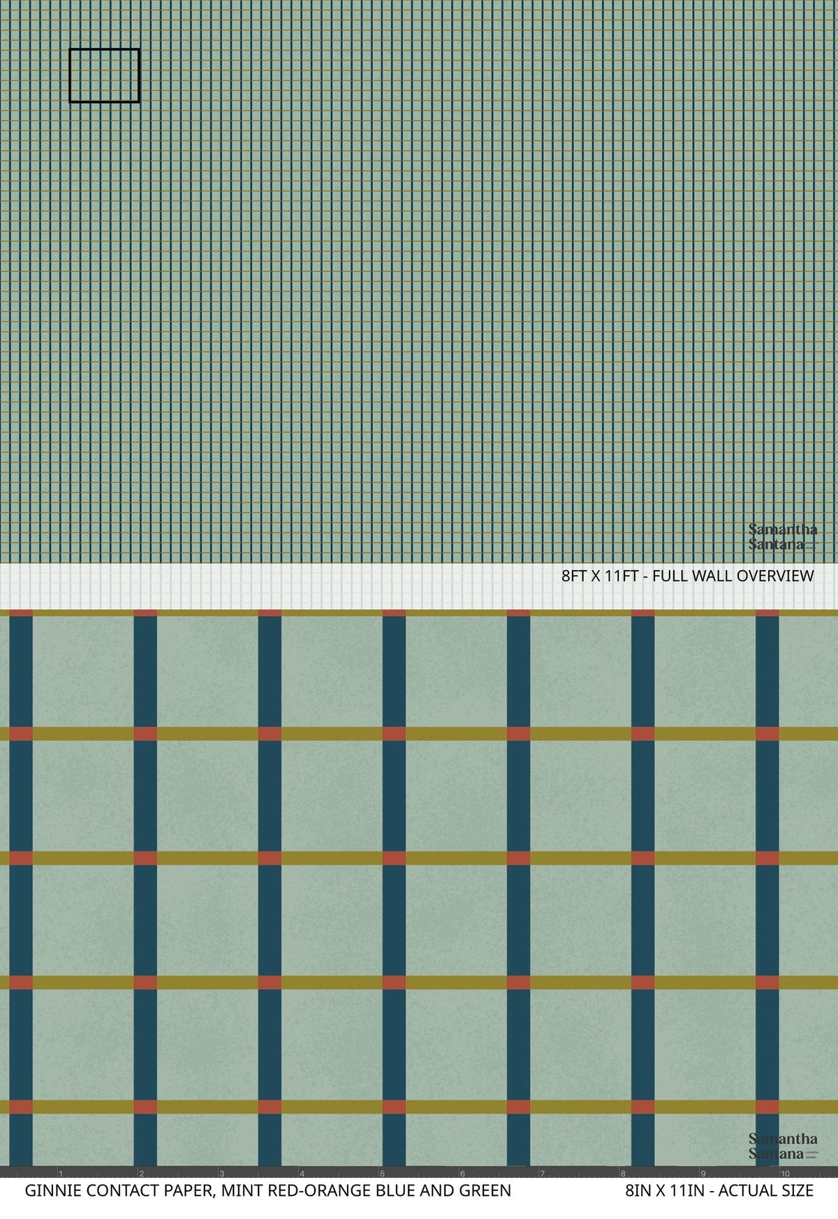 Mint red-orange blue green geometric plaid contact paper sample.