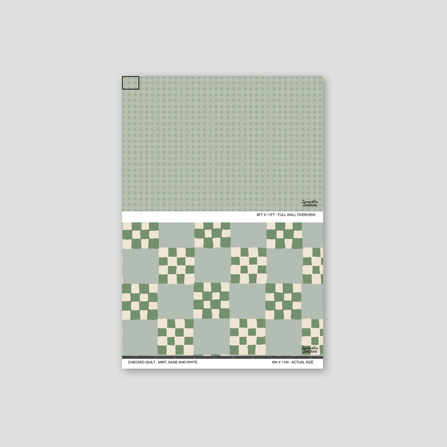 Mint and sage checkered quilt wallpaper sample with geometric pattern