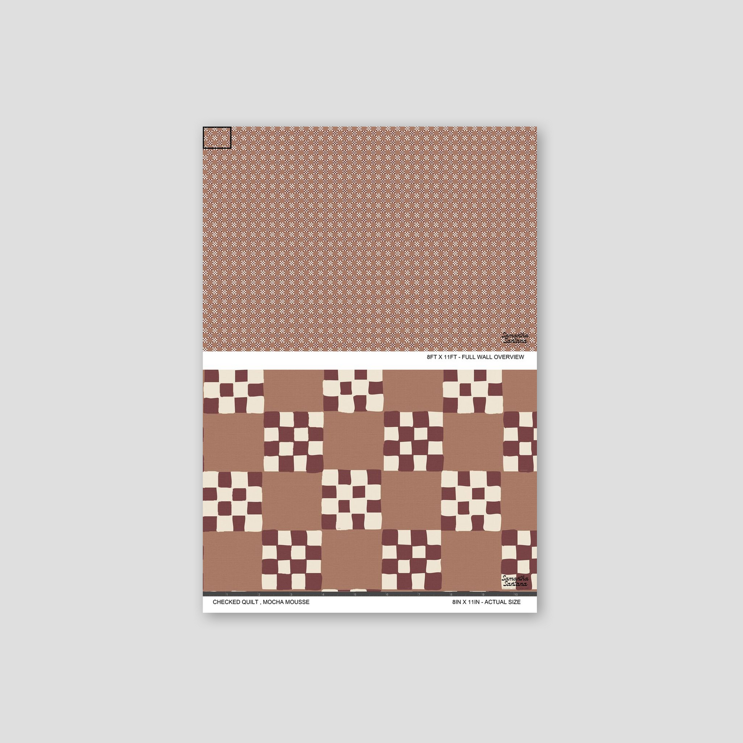 Mocha mousse checked quilt wallpaper with geometric pattern sample.