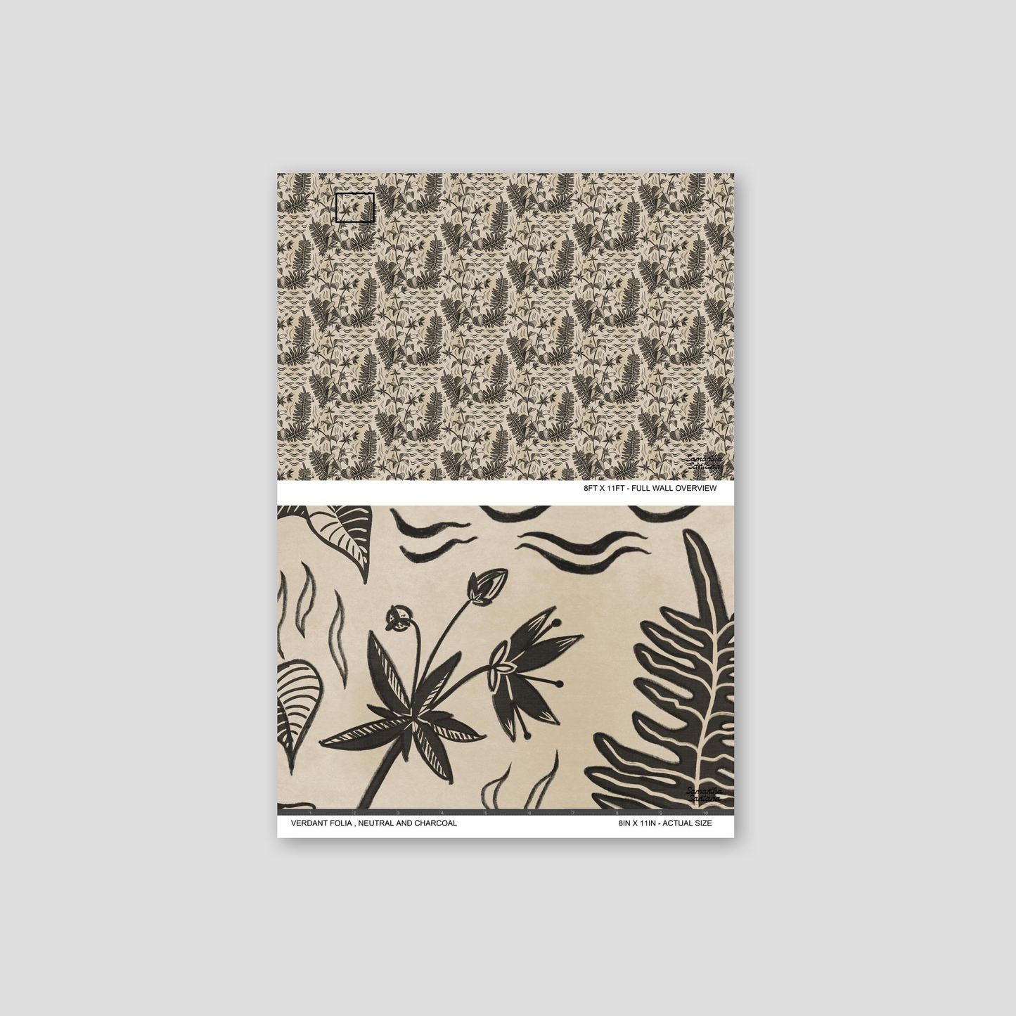 Neutral and charcoal floral wallpaper with intricate leaf patterns on cream background.