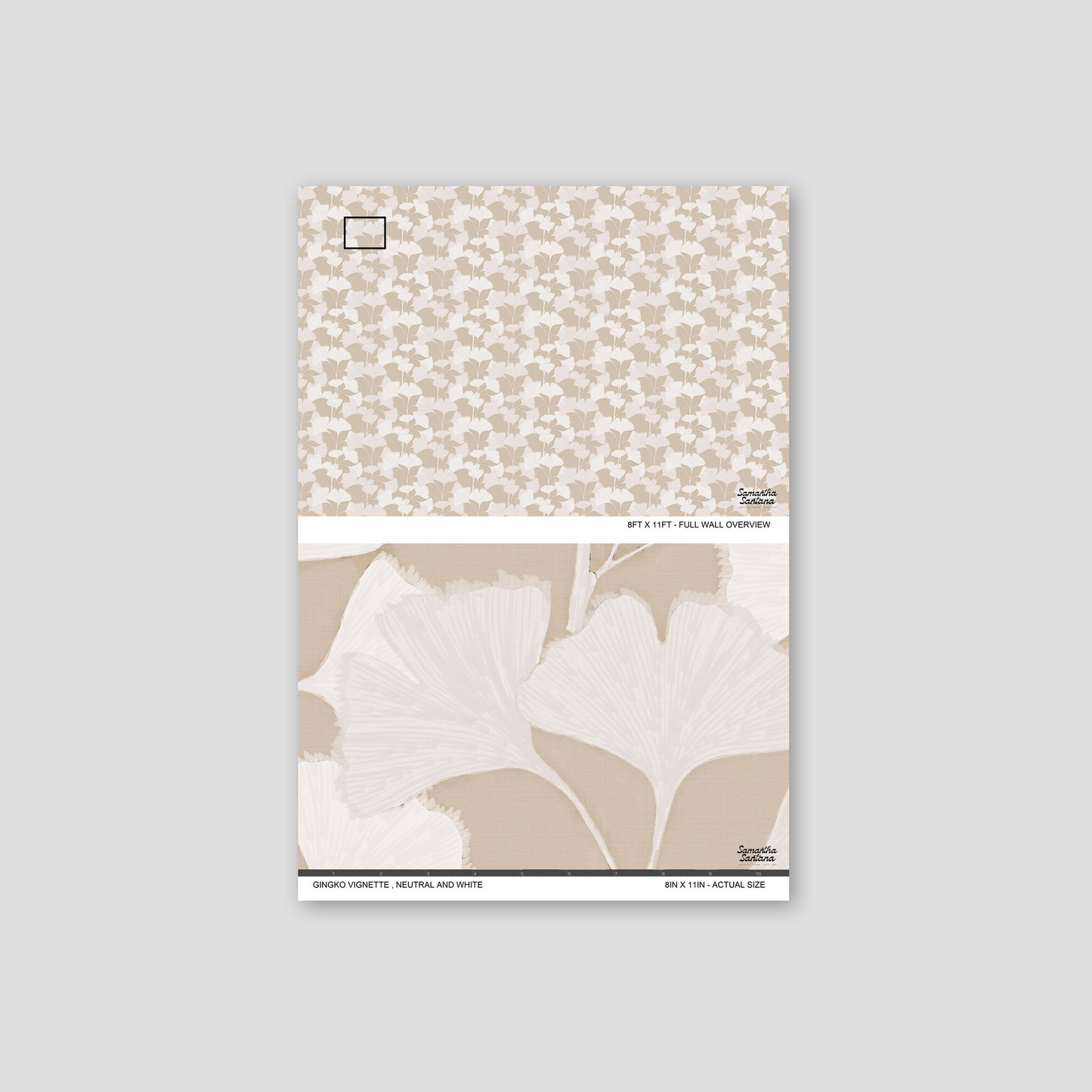 Neutral and white gingko leaf wallpaper sample with botanical pattern.