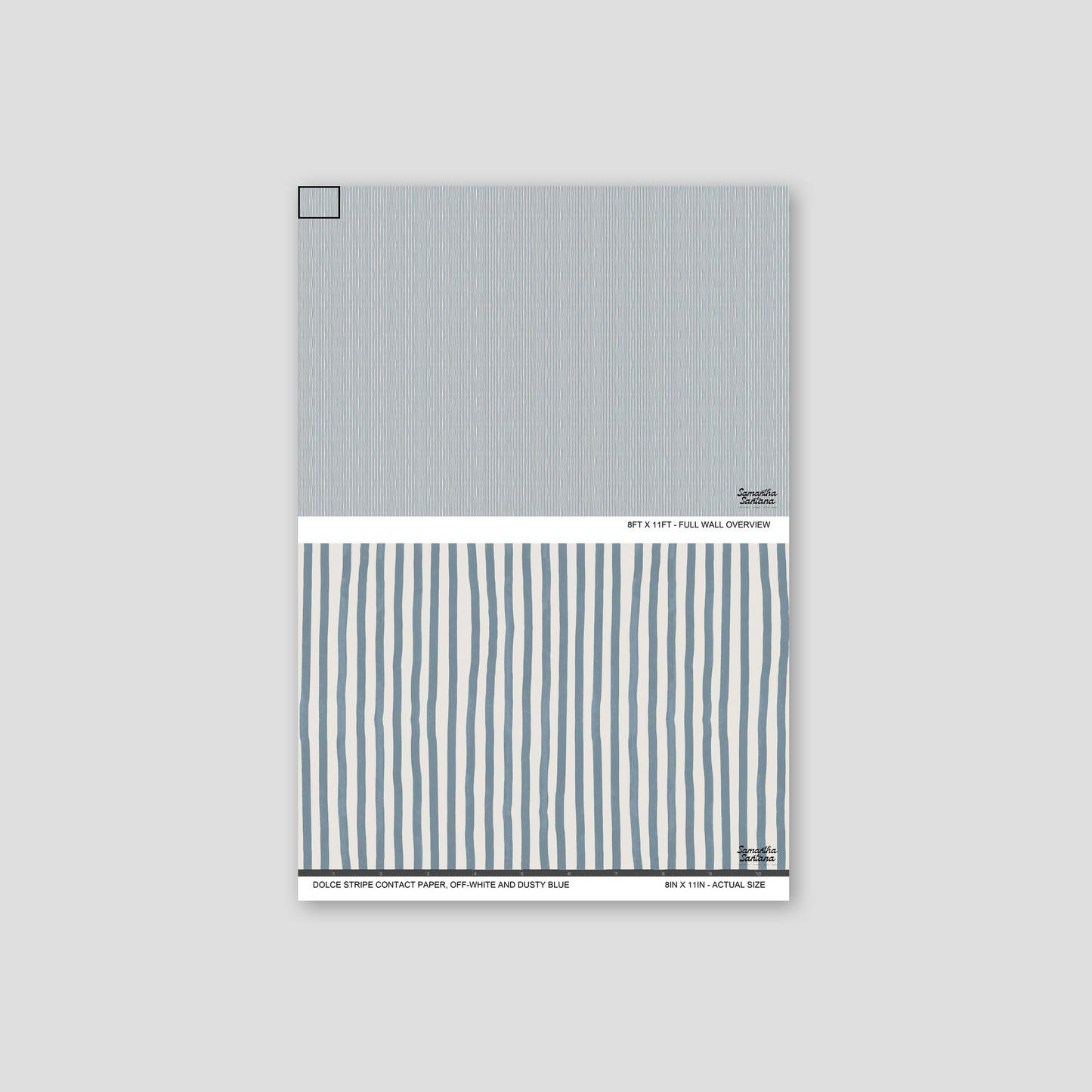 Off-white and dusty blue striped contact paper, shelf liner sample with textured pattern.