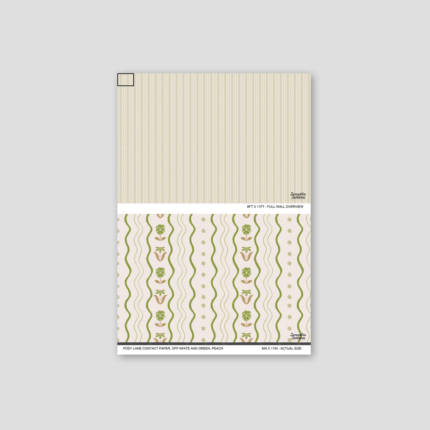 Off-white contact paper, shelf liner with green and peach floral patterns and curvy lines.