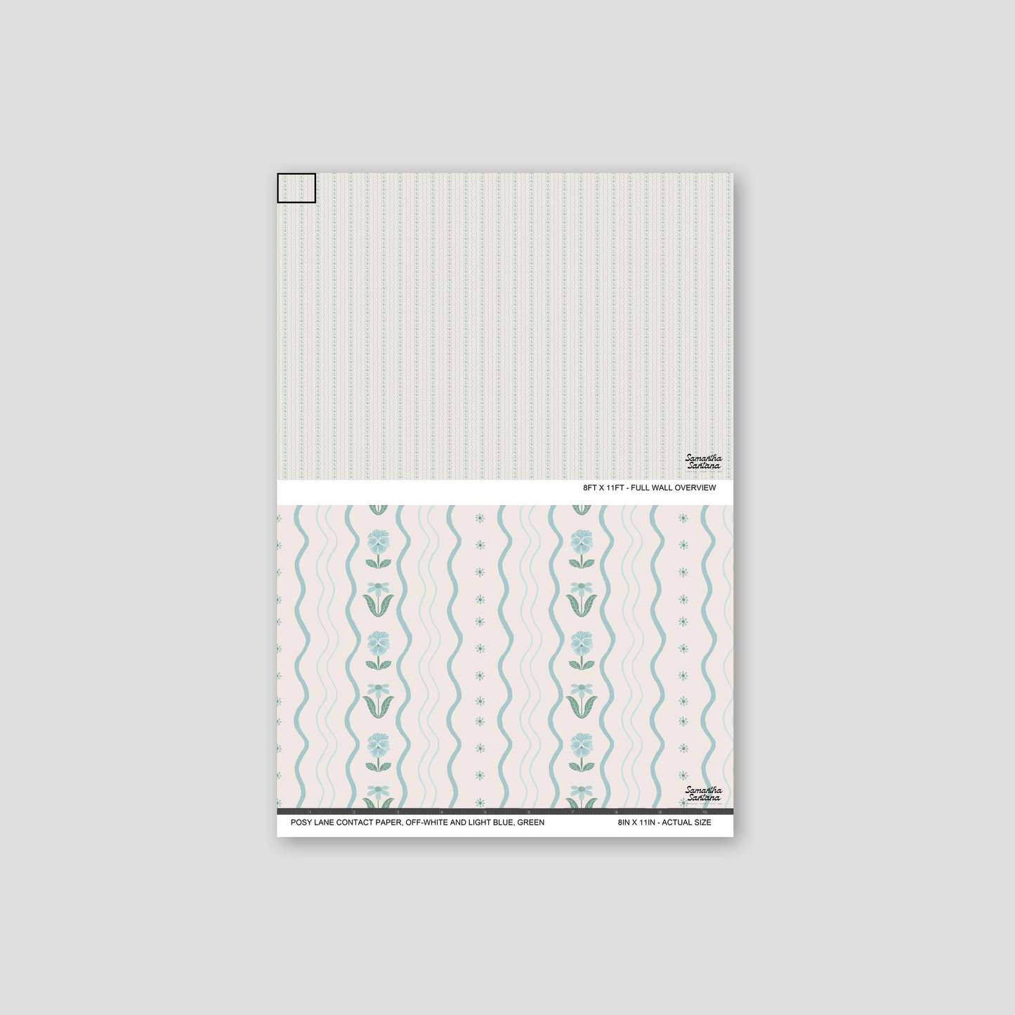 Off-white and light blue floral contact paper, shelf liner with wavy lines, serene design.