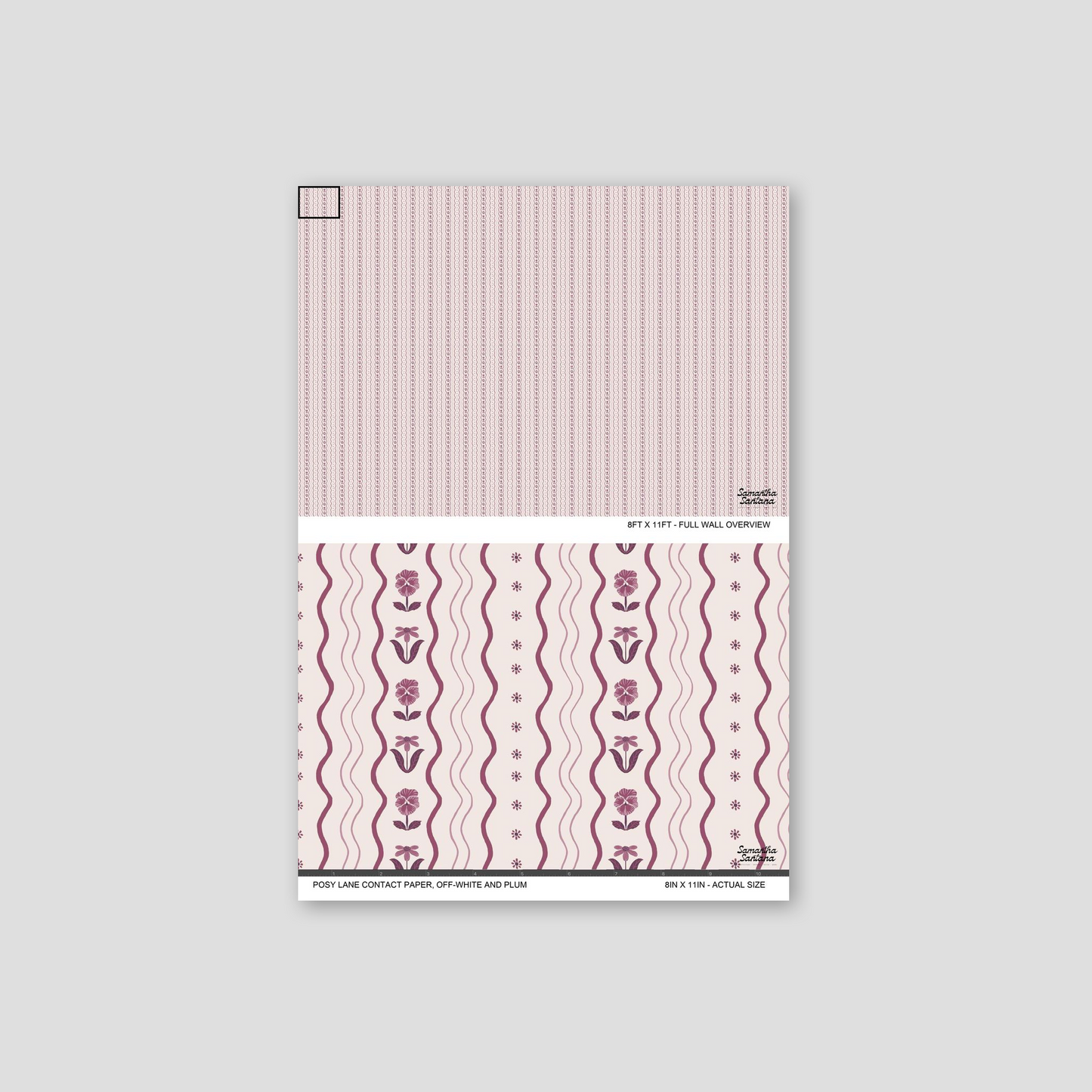Off-white and plum floral wavy contact paper, shelf liner pattern sample.
