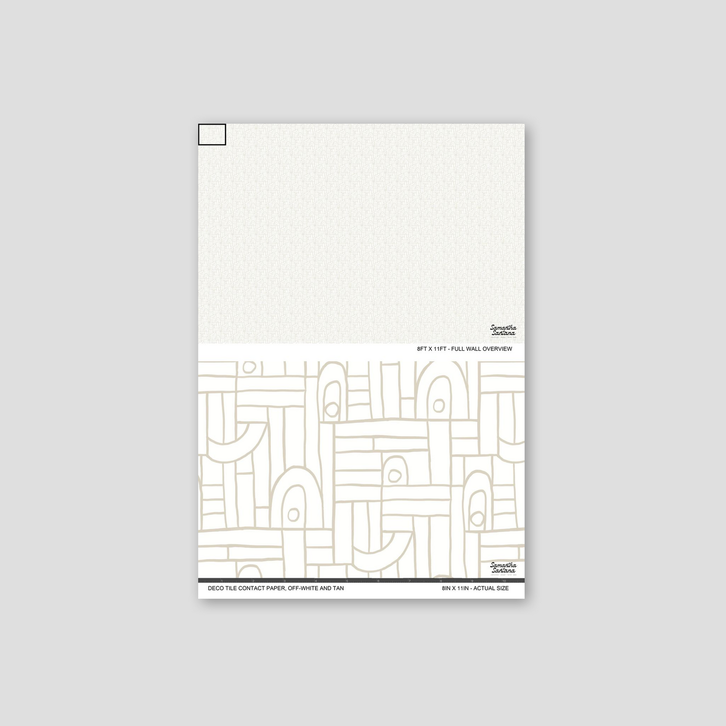 Off-white and tan geometric contact paper, shelf liner sample with abstract linear design.