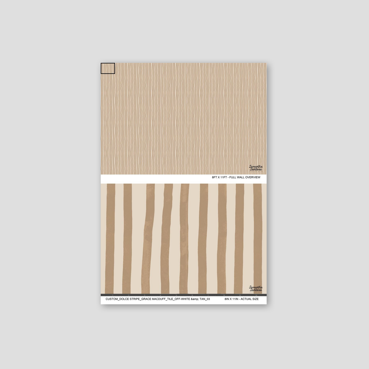 Off-white and tan striped wallpaper sample with geometric pattern