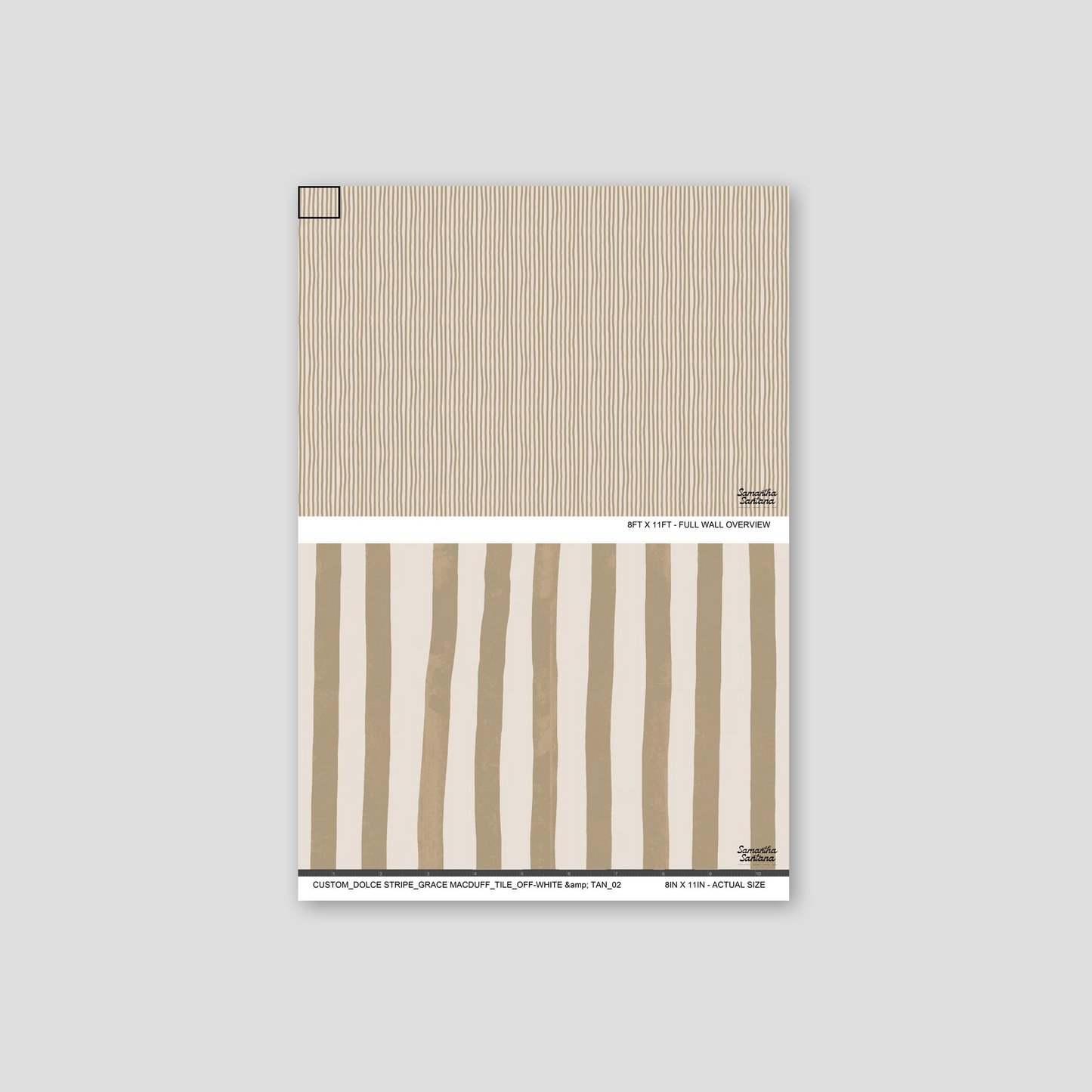 Off-white and tan striped wallpaper sample with vertical lines in a minimal style.
