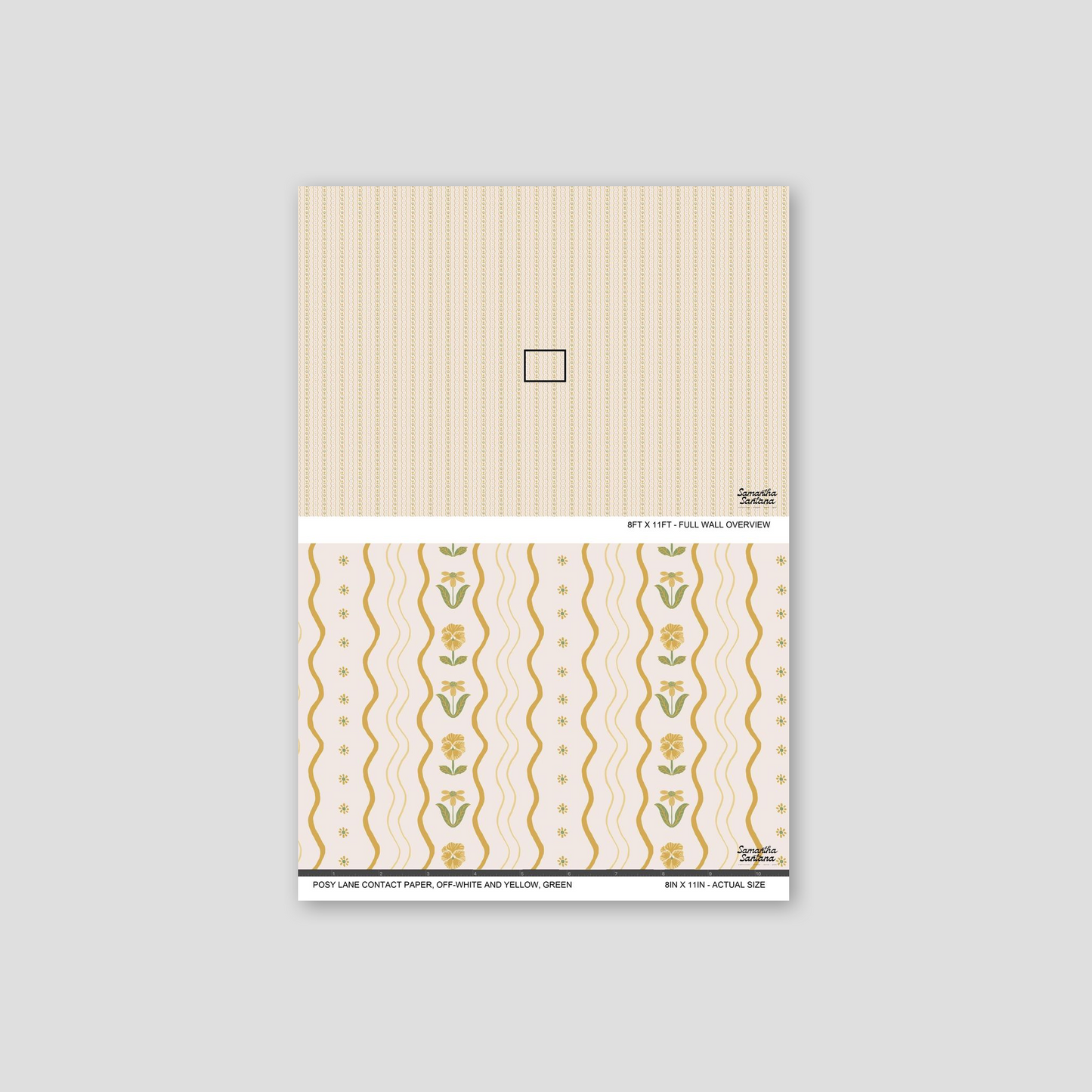 Off-white and yellow floral contact paper, shelf liner with green accents and curvy lines.