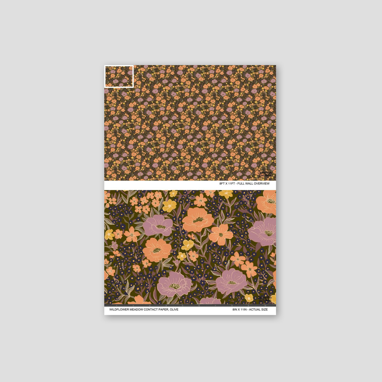 Olive floral wallpaper with coral and lavender flowers, detailed pattern.